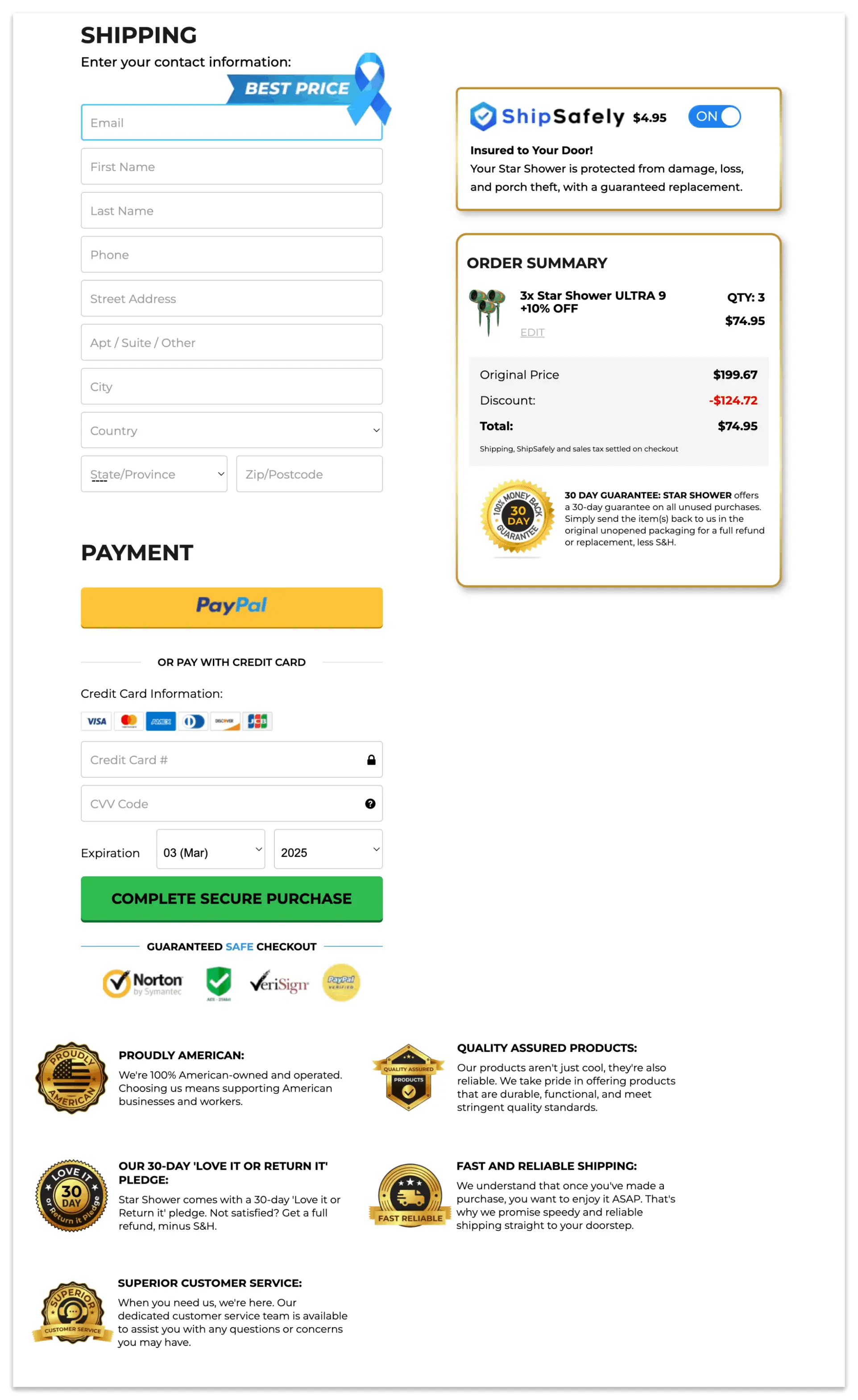 Star Shower Ultra 9 checkout page.